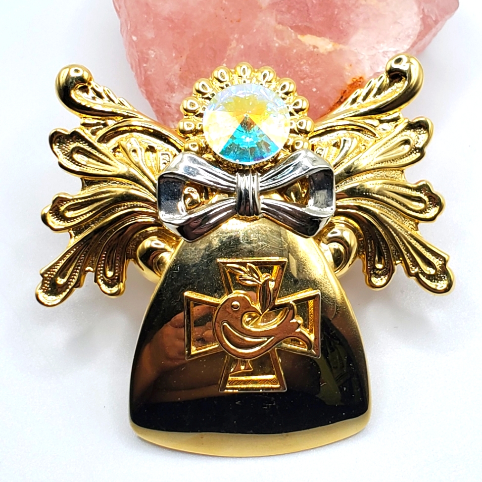 Vintage Hand Signed Angel Brooch Pin Gold Silver Rivoli Stone By Jane Christmas